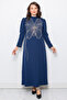 Stone Print Detailed Evening Dress Navy Blue Tbs948