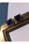 Steel Square Blue Stone Gold Detailed Earrings - 3