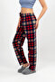 Navy Blue Red Plaid Patterned Women's Fleece Pajama Bottoms Winter Elastic Waist Single Bottom - 7