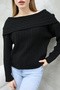 Women's Black Madonna Collar Sweater with Off-The-Shoulder Layered Design - 4