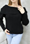 Women's Black Madonna Collar Sweater with Off-The-Shoulder Layered Design - 7