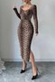 Coffee Velvet Fabric Digital Printed Chest Glop Detail Slit Low-Cut Midi Length Dress - 2