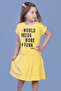 Girl's Colorful Text Printed Dress with Drawstring Detail