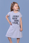 Girl's Colorful Text Printed Dress with Drawstring Detail