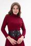Women's Burgundy Stretchy Knit Fabric High Neck Long Sleeve Belted Midi Dress 134 - 4