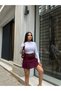 Women's Burgundy Pleated Belted Mini Skirt with Shorts - 3