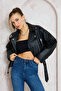 Kemerli Oversize Deri Biker Ceket - 4