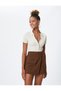 Polo Neck Blouse Buttoned Short Sleeve Seersucker Look