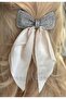 Imported French Automatic Buckle with Complete Crystal Stone Embellishment, Cream Beige Satin Pendant Bow. - 3