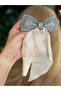 Imported French Automatic Buckle with Complete Crystal Stone Embellishment, Cream Beige Satin Pendant Bow. - 4