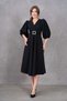 Women's Stretchy Crepe Fabric Short Balloon Sleeve V Neck Belted Midi Length Flared Cutout Black Dress 3602 - 5