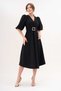 Women's Stretchy Crepe Fabric Short Balloon Sleeve V Neck Belted Midi Length Flared Cutout Black Dress 3602 - 2