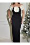 Women's White Imported Scauba Fabric Carmen Collar Rose Detail Back Slit Detail Lined Designer Dress - 6