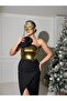 Women's Gold Imported Fabric Sequined Top Rose Detail Lined Special Design Dress - 3