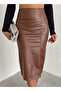 Women's Tan Leather Skirt with Elastic Waist and Slit 62 cm - 3