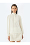 Long Sleeve Ruffle Detail Stand Collar Crepe Blouse - 3