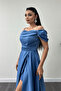 Ruched Satin Fabric Strappy Evening Dress - INDIGO BLUE - 4