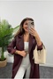 Women's Burgundy Belted Long Leather Coat