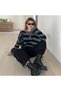 Women's Black-Grey Striped Crew Neck Thessaloniki Knit Oversize Knitwear Crop Sweater