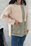 Women's Khaki Snap Button Jeans Garnished Hooded Plush Jacket - 6