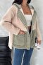 Women's Khaki Snap Button Jeans Garnished Hooded Plush Jacket - 2
