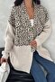 Women's Khaki Leopard Pattern Standard Size Knitwear Detailed Design Oversize Denim Jacket - 5