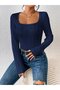 Elastanized Navy Blue Blouse High Waist Long Sleeve Square Collar Knitted Fabric Spring Autumn Winter Blouse - 3