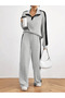 Color Block Ribbed Knit Relaxed Pants Set & Long Sleeve Collar Detail Wide-Leg Pants - 3