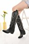 Black Leather White Embroidered Cowboy Style Boots - 7