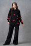 Women's Crew Neck Heart Print Sweater and High Waist Pants Bottom Top Black Knitwear Suit 3114