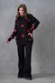 Women's Crew Neck Heart Print Sweater and High Waist Pants Bottom Top Black Knitwear Suit 3114 - 8