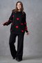 Women's Crew Neck Heart Print Sweater and High Waist Pants Bottom Top Black Knitwear Suit 3114 - 5