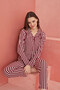 Burgundy Striped Patterned Front Buttoned Suede Pajama Set