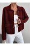 Women's Burgundy Gold Button Pocket Detailed Blazer/Tweed Crop Jacket Women's Cardigan