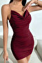 Deep Decollete Degaje Collared Chain Detailed Lycra Mini Dress with Lycra Back Rubber Shirred Lycra Mini Dress