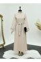 Tied Dress with Rhinestone Feather Detail on Collar and Sleeves -Beige