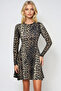 Women's Leopard Crew Neck Stitching Detail Flared Mini Dress Alc-X10883 - 2