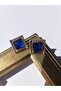 Steel Square Blue Stone Gold Detailed Earrings - 2