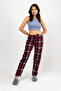 Navy Blue Red Plaid Patterned Women's Fleece Pajama Bottoms Winter Elastic Waist Single Bottom
