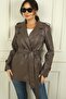 Women's Turn-Down Collar Waist Lined Leather Trench Jacket with Side Pockets - 2