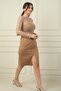 Women's Top Tulle Leaf Flock Printed Short Crepe Dress with Belt - 2