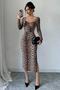 Coffee Velvet Fabric Digital Printed Chest Glop Detail Slit Low-Cut Midi Length Dress - 5