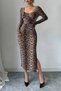 Coffee Velvet Fabric Digital Printed Chest Glop Detail Slit Low-Cut Midi Length Dress - 3