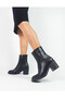 Black Color Matte Leather Zippered Thick Heel Pointed Toe 36-37-38-39-40 Size Women's Heeled Boots - 3
