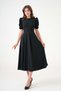 Women's Round Neck Short Balloon Sleeve Stretchy Crepe Fabric Midi Length Flared Cut Black Dress 092 - 6