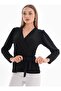 Black Double-Breasted Collar Long Sleeve Belted Stretch Fabric Crepe Blouse - 4