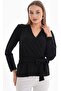 Black Double-Breasted Collar Long Sleeve Belted Stretch Fabric Crepe Blouse - 6