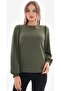 Khaki Balloon Sleeve Lycra Crepe Blouse - 3