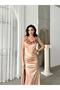 Flower Detailed Front Gathered Long Satin Dress - 2