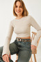 Women's Beige Finger-Looped Ribbed Blouse 0167 60261178